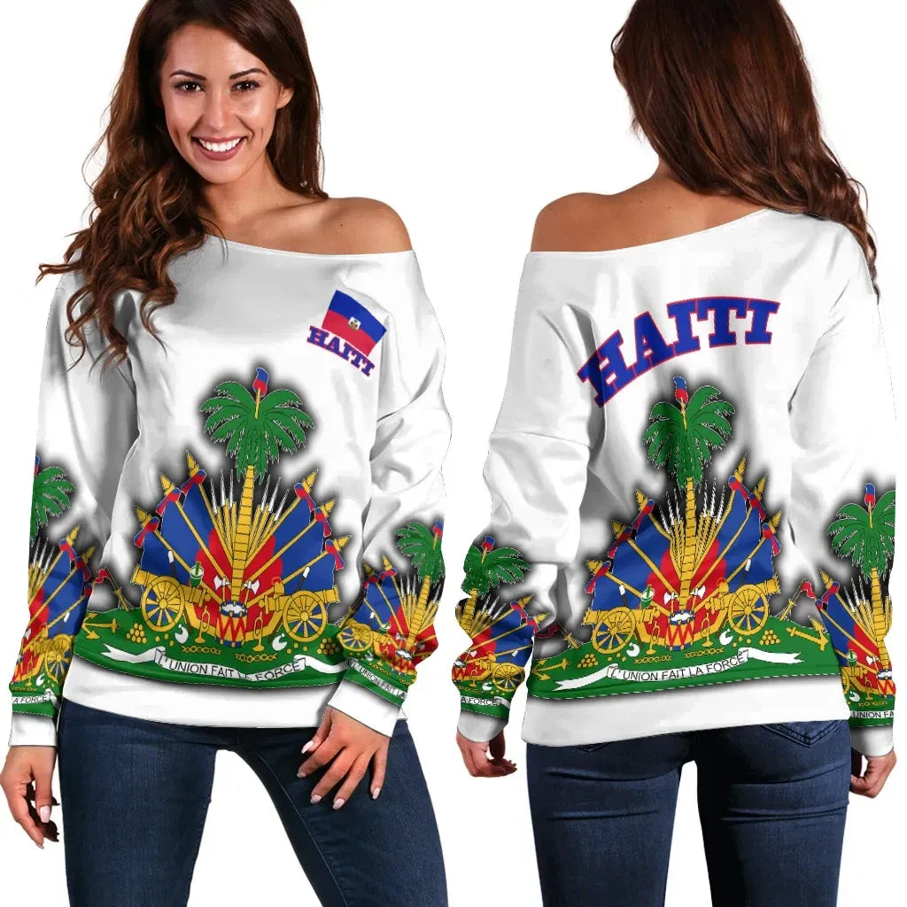 Haiti Off Shoulder Sweater Flag With Coat Of Arm White