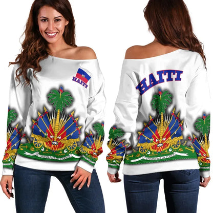 Haiti Off Shoulder Sweater Flag With Coat Of Arm White
