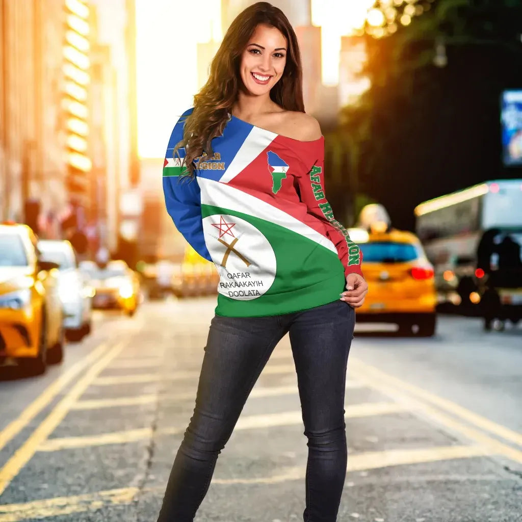 Afar Region Off Shoulder Sweater Afar Region Flag Maps Green