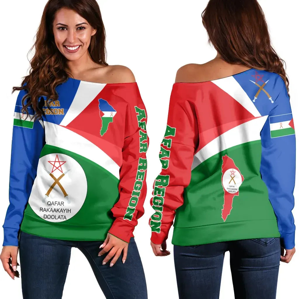 Afar Region Off Shoulder Sweater Afar Region Flag Maps Green
