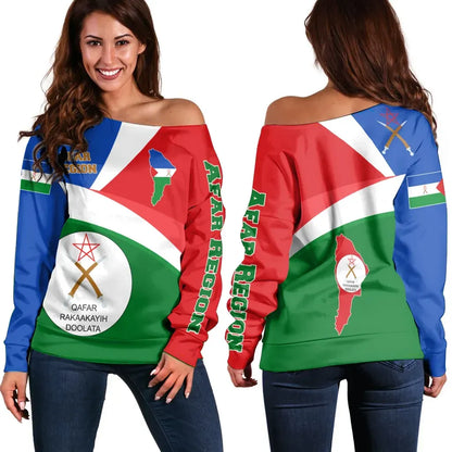 Afar Region Off Shoulder Sweater Afar Region Flag Maps Green