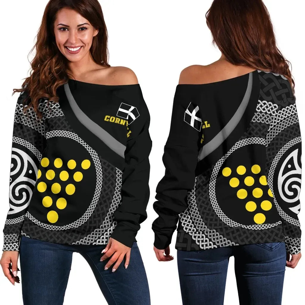 Cornwall Celtic Women Off Shoulder Sweater Cornish Flag With Celtic Knot
