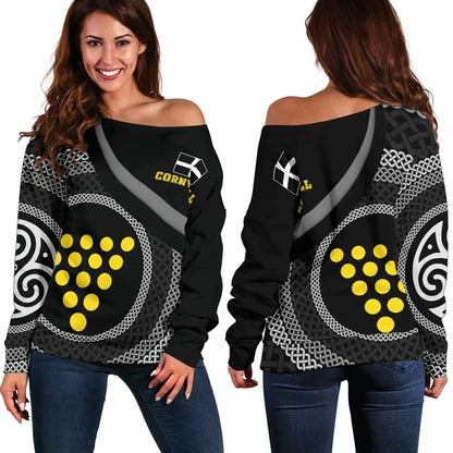 Cornwall Celtic Women Off Shoulder Sweater Cornish Flag With Celtic Knot
