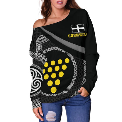 Cornwall Celtic Women Off Shoulder Sweater Cornish Flag With Celtic Knot
