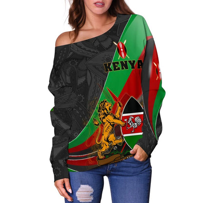 Kenya Women's Off Shoulder Sweater Kenya Pattern With Coat Of Arms