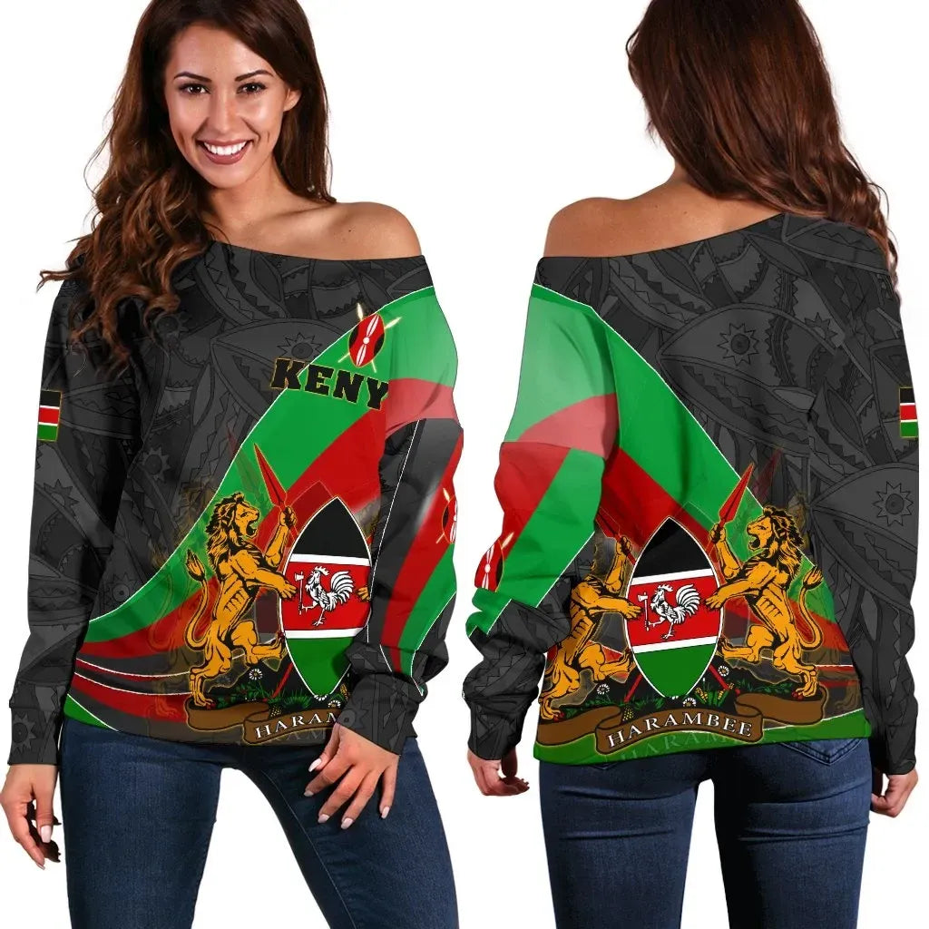 Kenya Women's Off Shoulder Sweater Kenya Pattern With Coat Of Arms