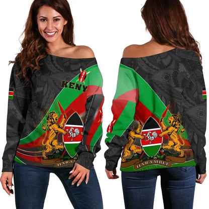 Kenya Women's Off Shoulder Sweater Kenya Pattern With Coat Of Arms