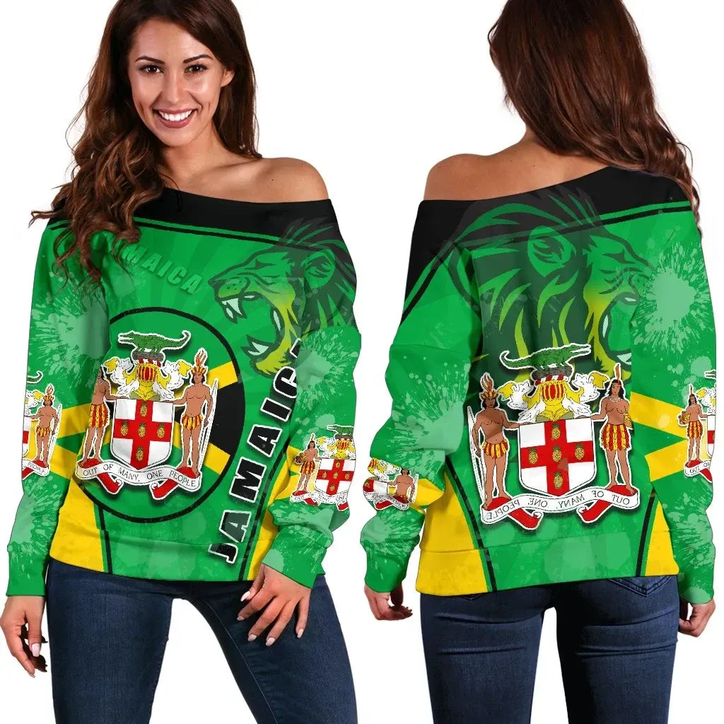 Jamaica Lion Women Off Shoulder Sweater Circle Stripes Flag Version