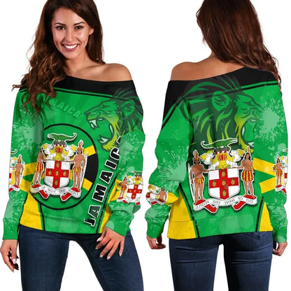 Jamaica Lion Women Off Shoulder Sweater Circle Stripes Flag Version