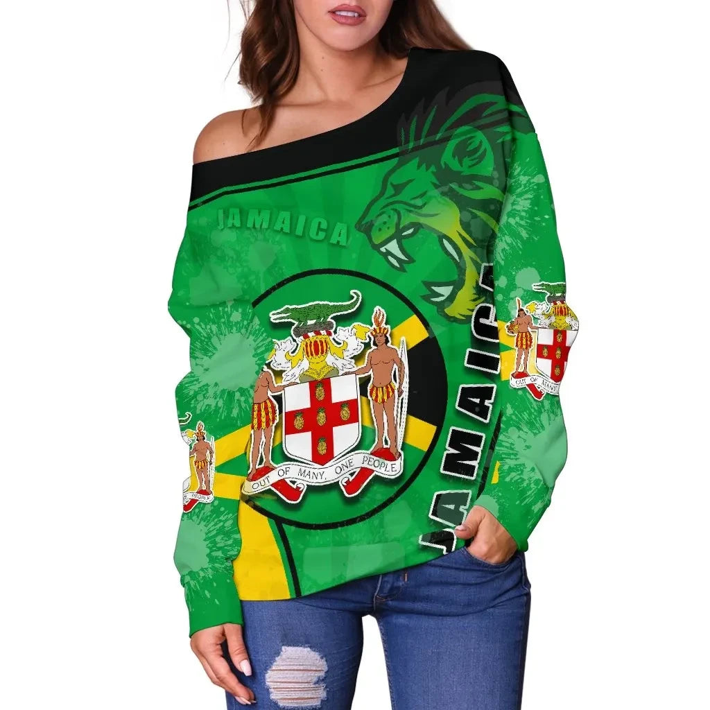Jamaica Lion Women Off Shoulder Sweater Circle Stripes Flag Version