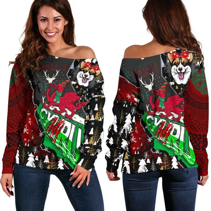Nadolig Llawen and Pembroke Welsh Corgi Women Off Shoukder Merry Celtic Christmas