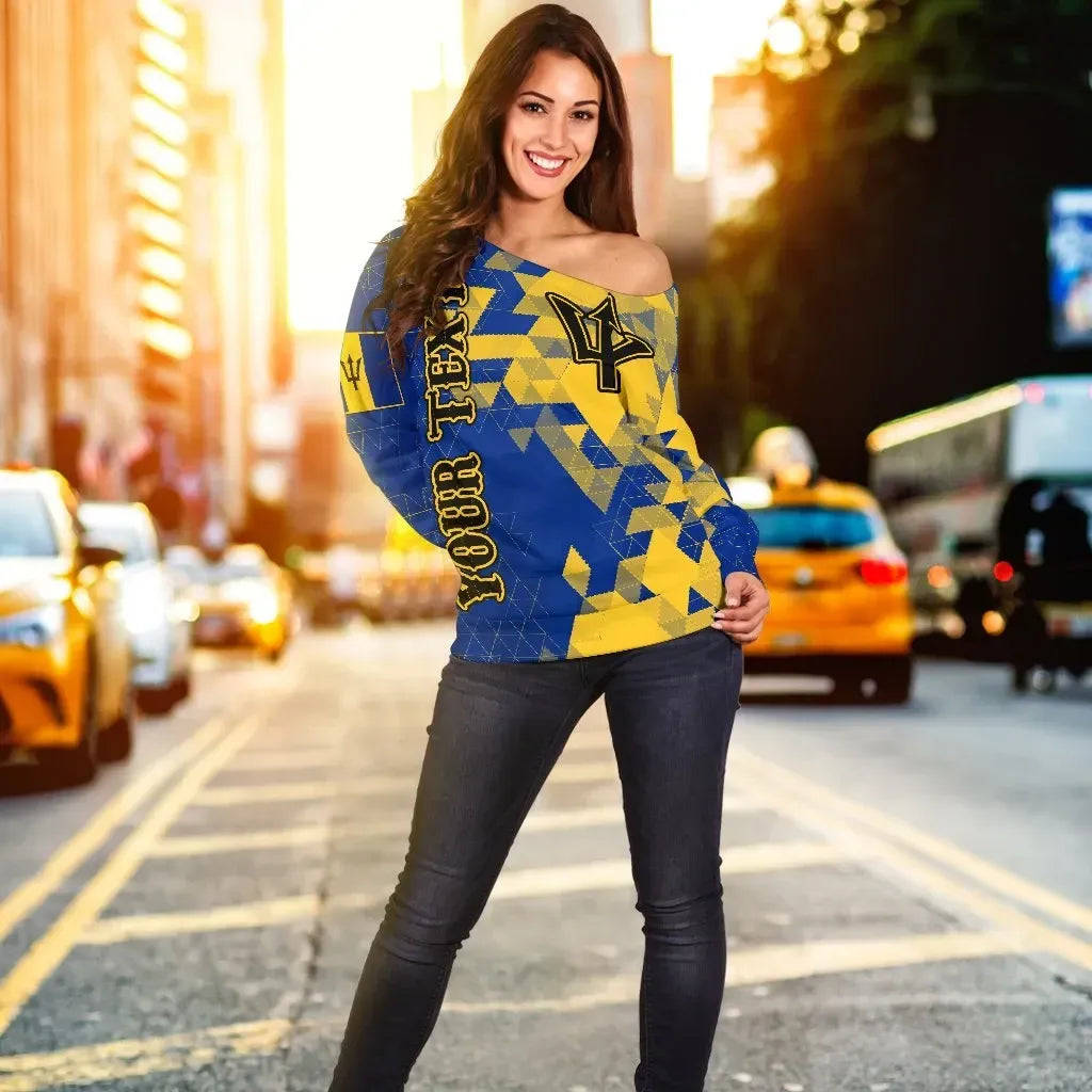 Barbados Personalised Off Shoulder Sweater National Flag Polygon Style
