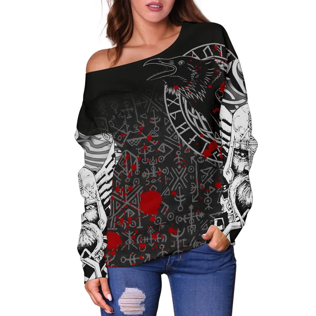Vikings Women's Off Shoulder Sweater Ravens and Vegvisir Tattoo Style Blood