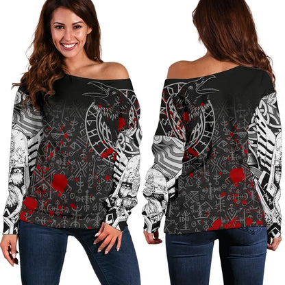Vikings Women's Off Shoulder Sweater Ravens and Vegvisir Tattoo Style Blood