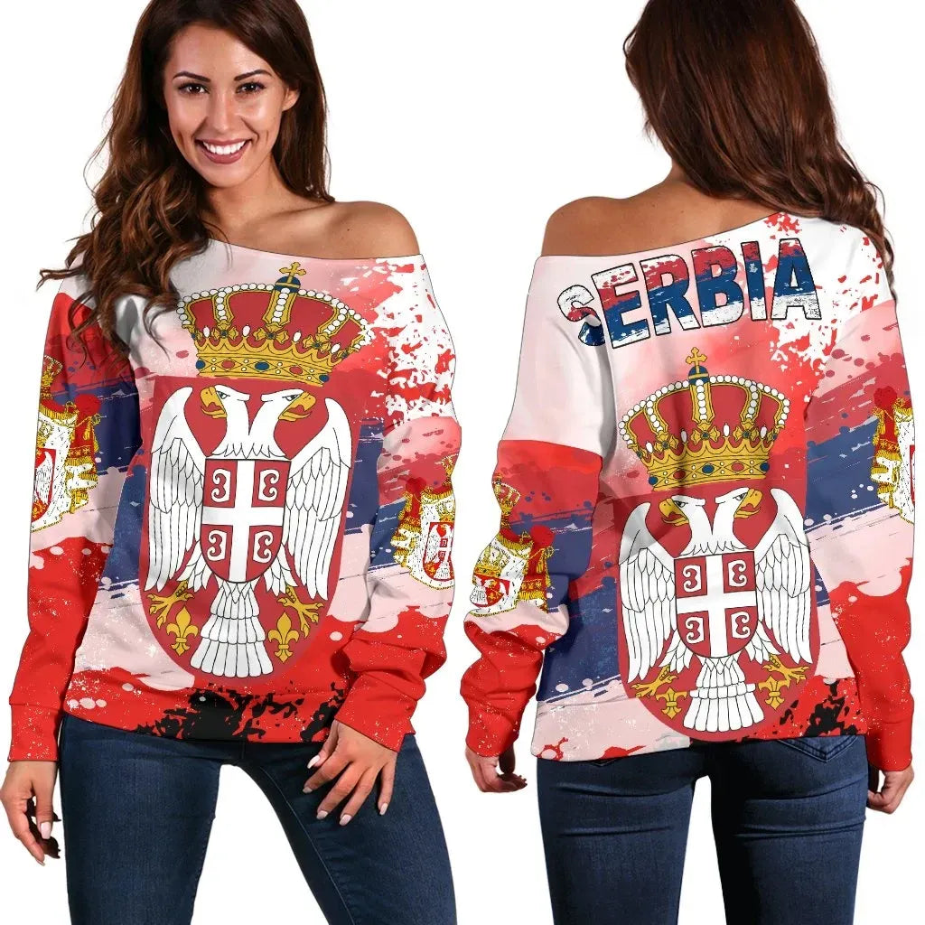 Serbia Women's Off Shoulder Sweater Serbia National Flag and Emblem