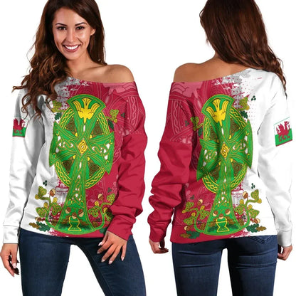 Wales Celtic Women's Off Shoulder Sweater ‚Ä®Wales Celtic Cross