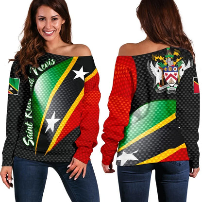 Saint Kitts and Nevis Women's Off Shoulder Sweater Saint Kitts and Nevis Flag