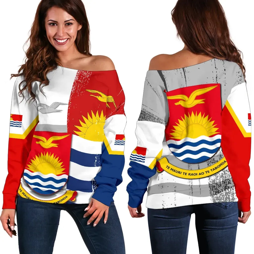 Kiribati Flag Coat Of Arm Women's Off Shoulder Sweater