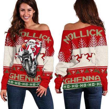 Isle of Man Celtic Christmas Women's Off Shoulder Sweater Manx Santa Ugly Christmas Style