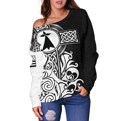 Brittany Celtic Women's Off Shoulder Sweater Bretagne Stoat Ermine With Celtic Cross