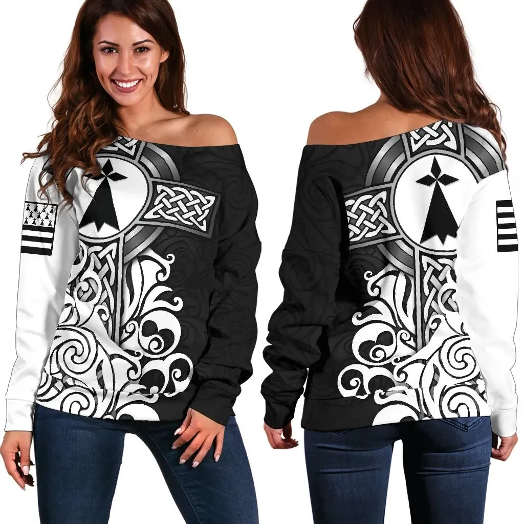Brittany Celtic Women's Off Shoulder Sweater Bretagne Stoat Ermine With Celtic Cross