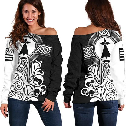 Brittany Celtic Women's Off Shoulder Sweater Bretagne Stoat Ermine With Celtic Cross