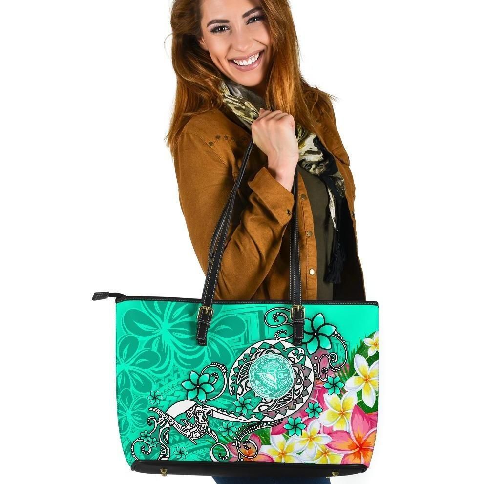 American Samoa Polynesian Leather Tote Bag Turtle Plumeria Turquoise