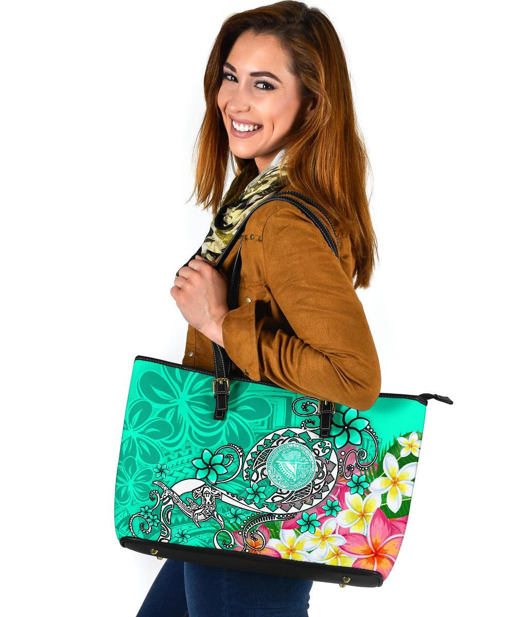 American Samoa Polynesian Leather Tote Bag Turtle Plumeria Turquoise