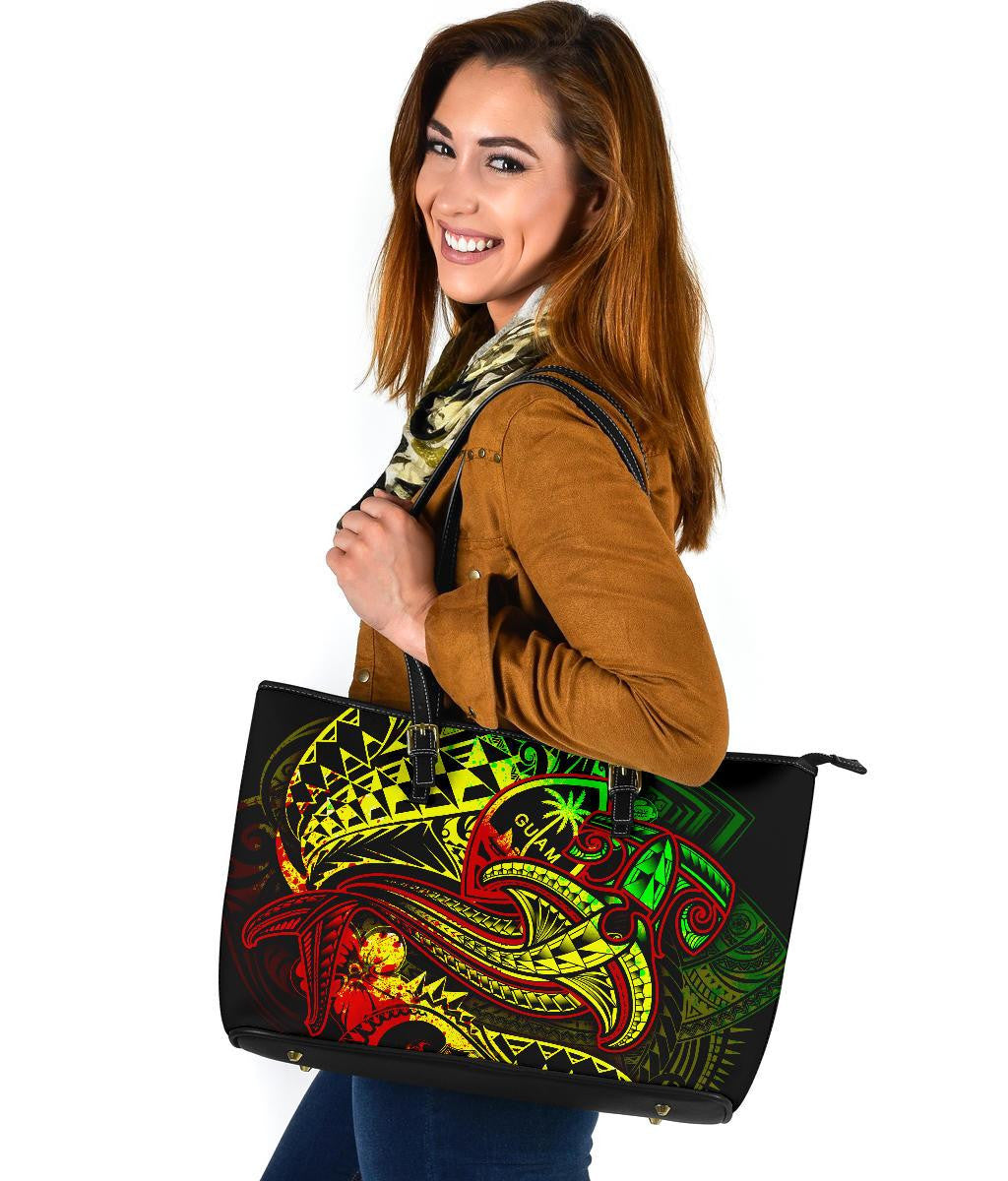 Guam Polynesian Leather Tote Bag Reggae Shark Polynesian Tattoo