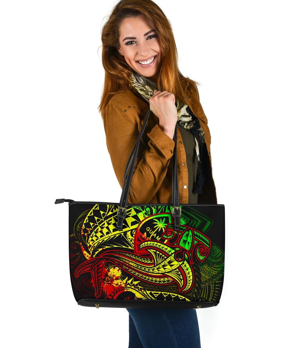 Guam Polynesian Leather Tote Bag Reggae Shark Polynesian Tattoo