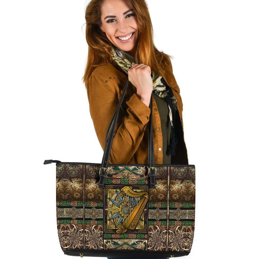 Ireland Celtic Leather Tote Bag Ireland Coat Of Arms With Celtic Compass