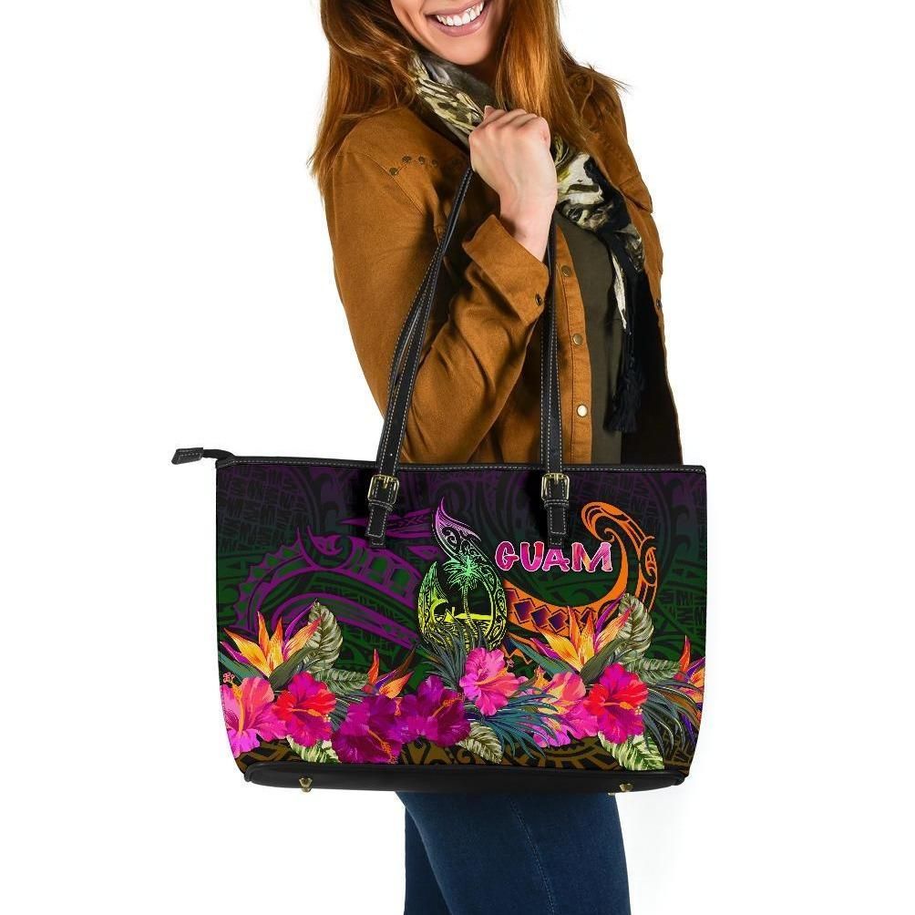 Guam Polynesian Leather Tote Bag Summer Hibiscus