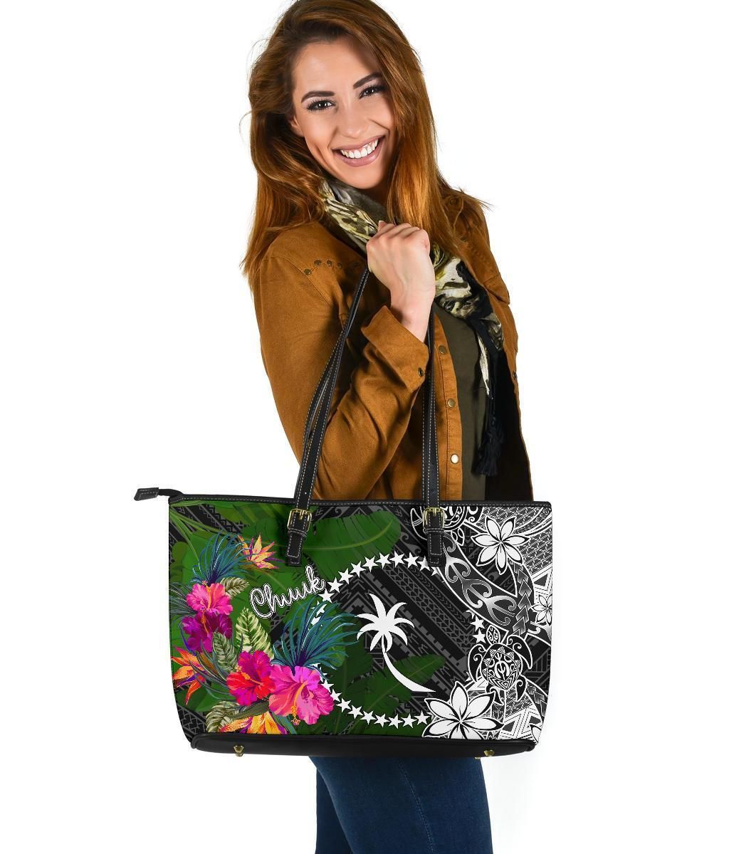 Chuuk Leather Tote Bag Turtle Plumeria Banana Leaf