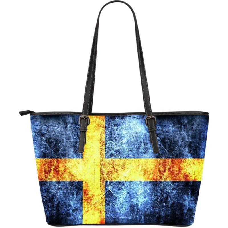 Sweden Grunge Flag Leather Tote Bag