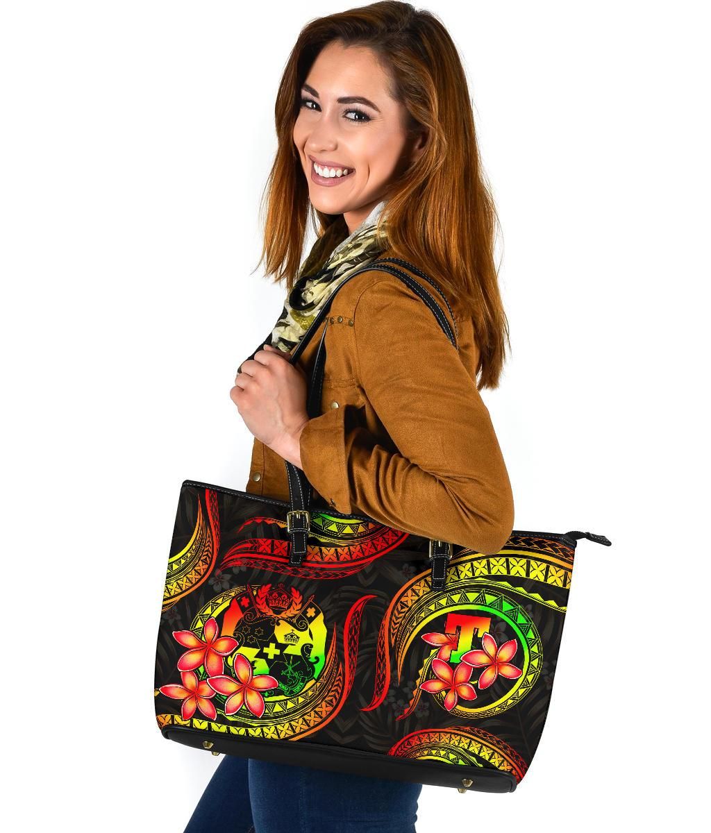 Tonga Polynesian Leather Tote Bag Reggae Plumeria