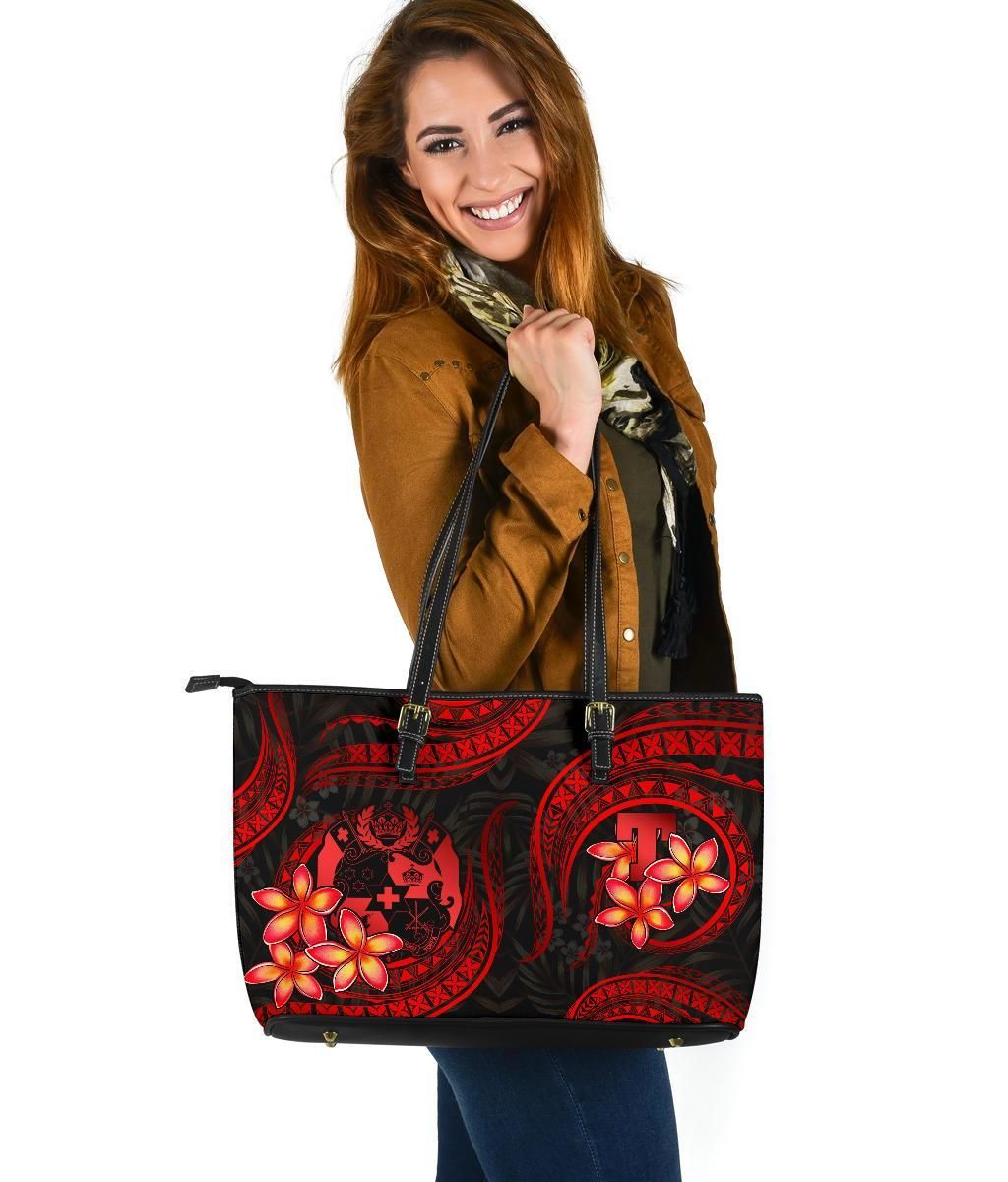Tonga Polynesian Leather Tote Bag Red Plumeria