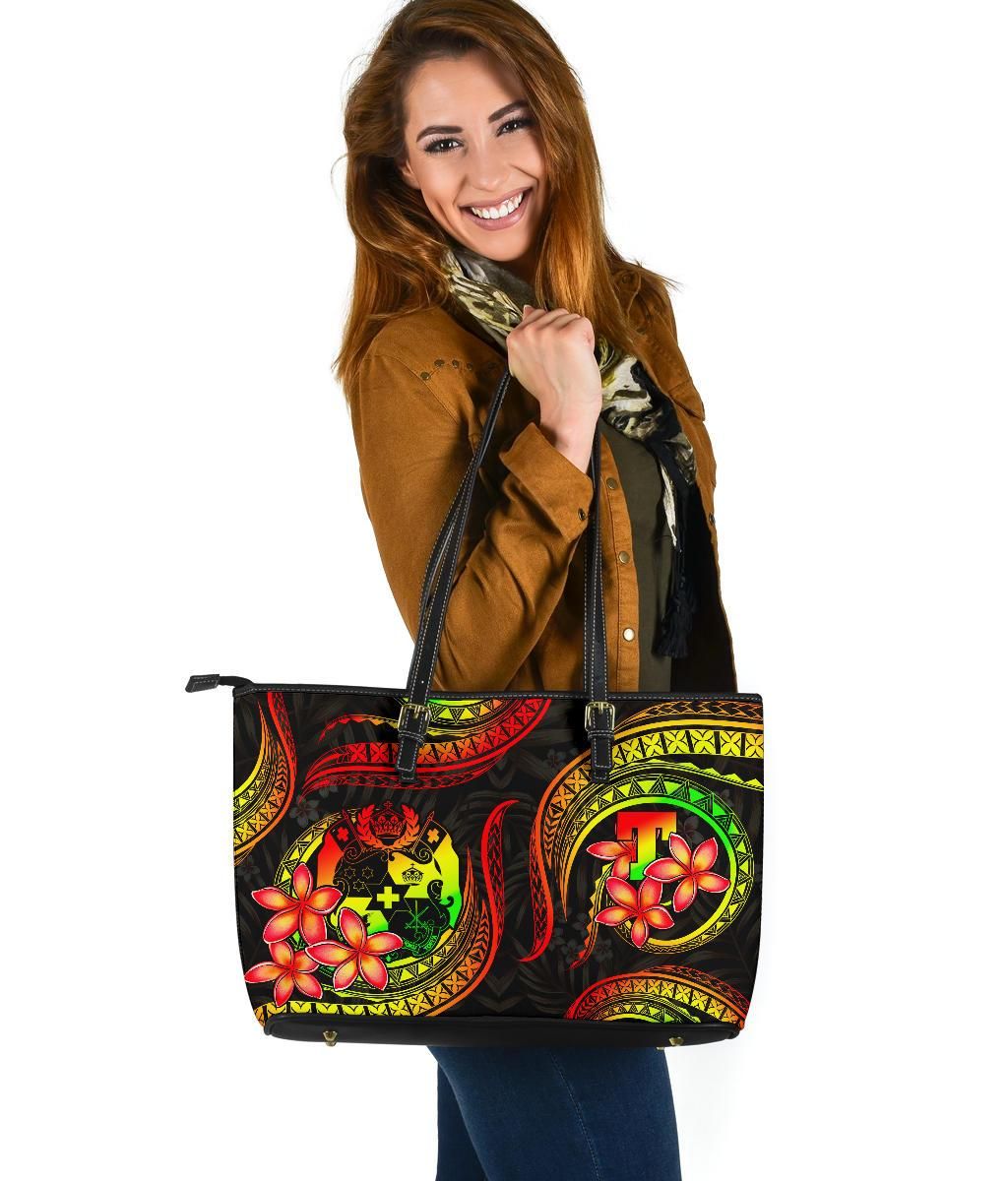 Tonga Polynesian Leather Tote Bag Reggae Plumeria