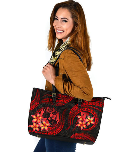 Tonga Polynesian Leather Tote Bag Red Plumeria