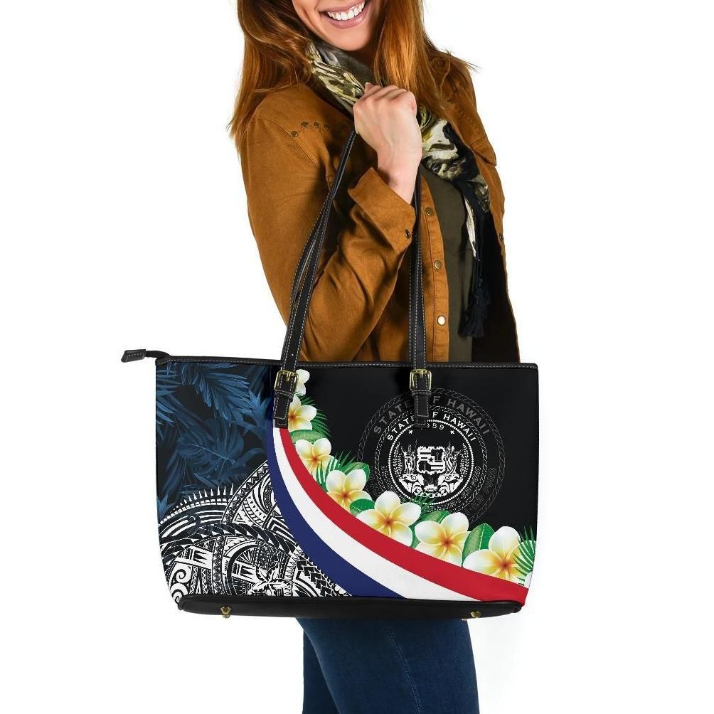 Polynesian Hawaii Leather Tote Bag Hawaii Seal With Plumeria Style