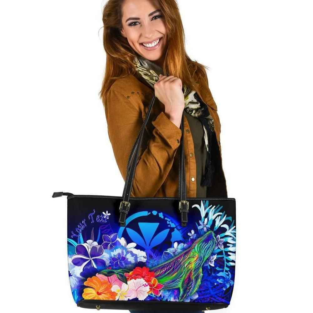 Polynesian Hawaii Custom Personalised Leather Tote Bag Kanaka Maoli Humpback Whale With Tropical Flowers Blue