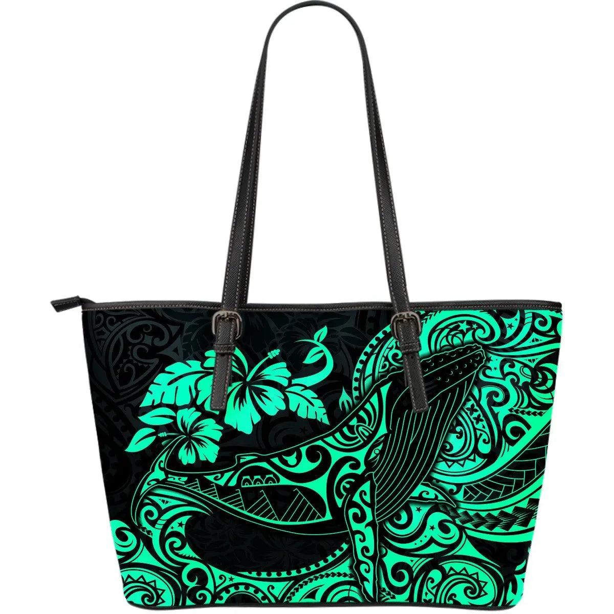 Polynesian Hawaii Leather Tote Bag Polynesian Turquoise Humpback Whale