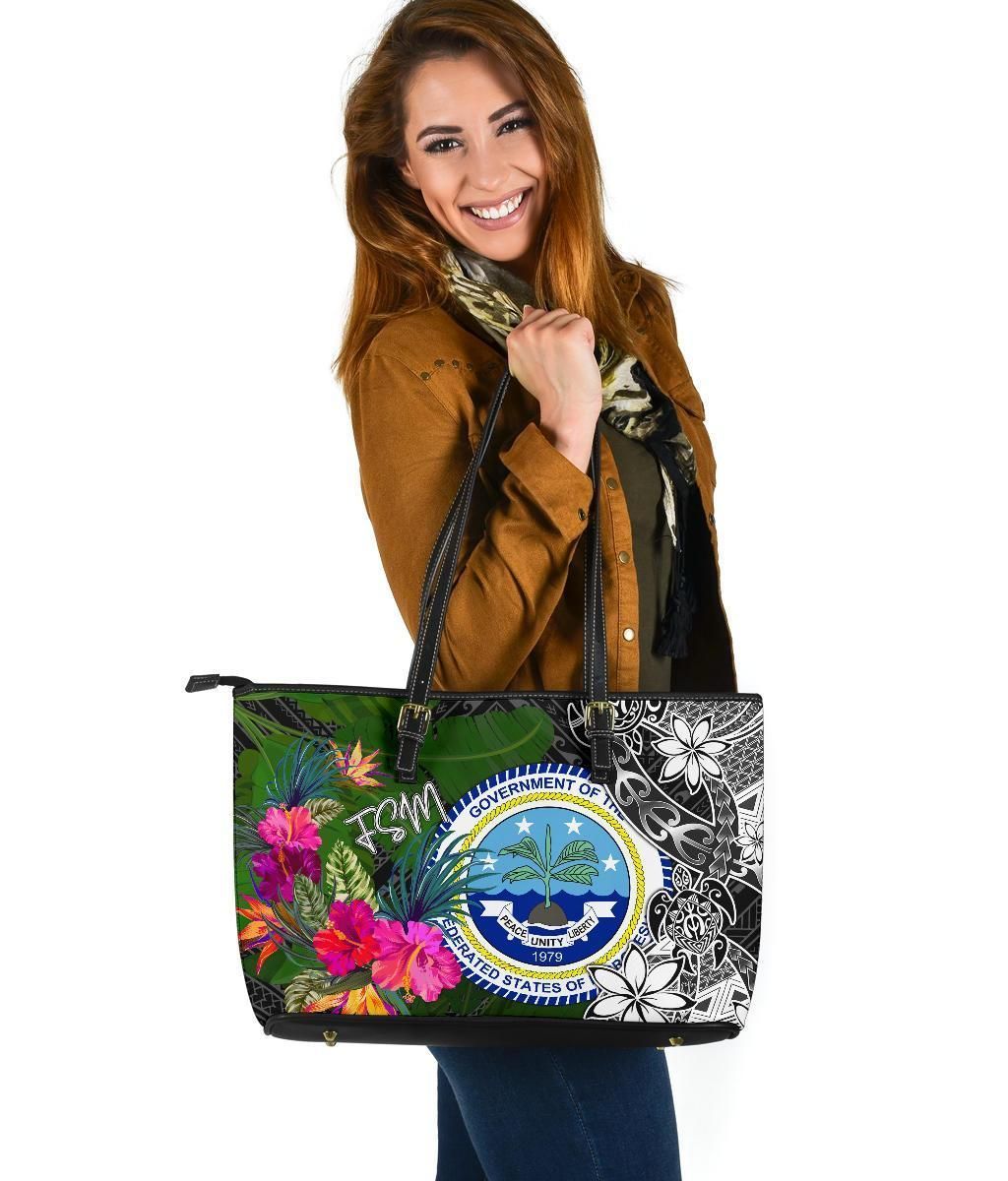 Federated States Of Micronesia Leather Tote Bag Turtle Plumeria Banana Leaf