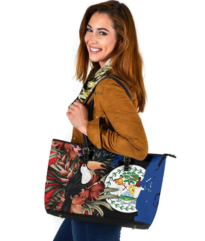 Belize Leather Tote Bag Belize National Flag With Toucan And Black Orchid