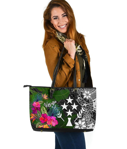 Kosrae Leather Tote Bag Turtle Plumeria Banana Leaf