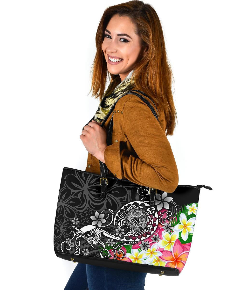 American Samoa Polynesian Leather Tote Bag Turtle Plumeria Black