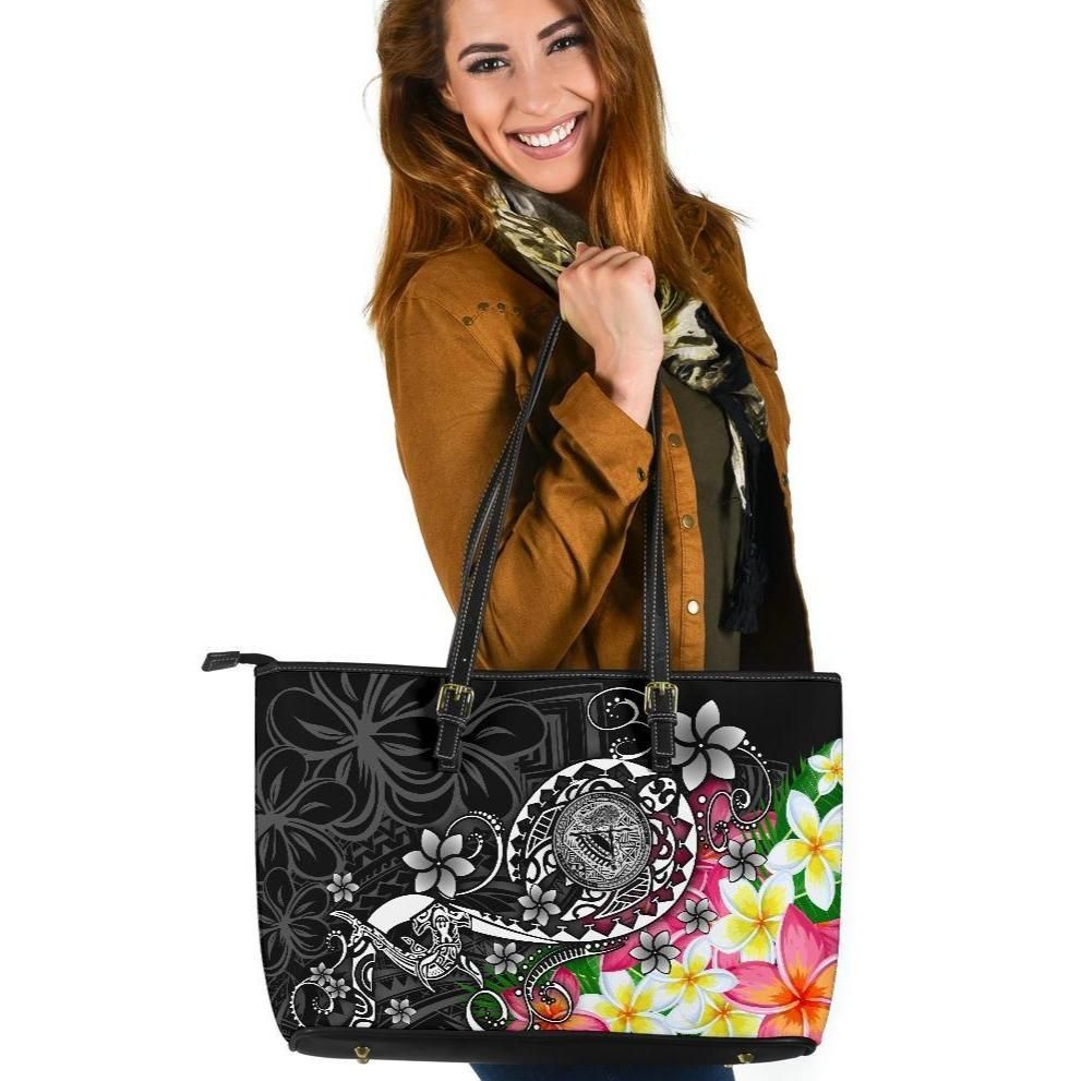 American Samoa Polynesian Leather Tote Bag Turtle Plumeria Black