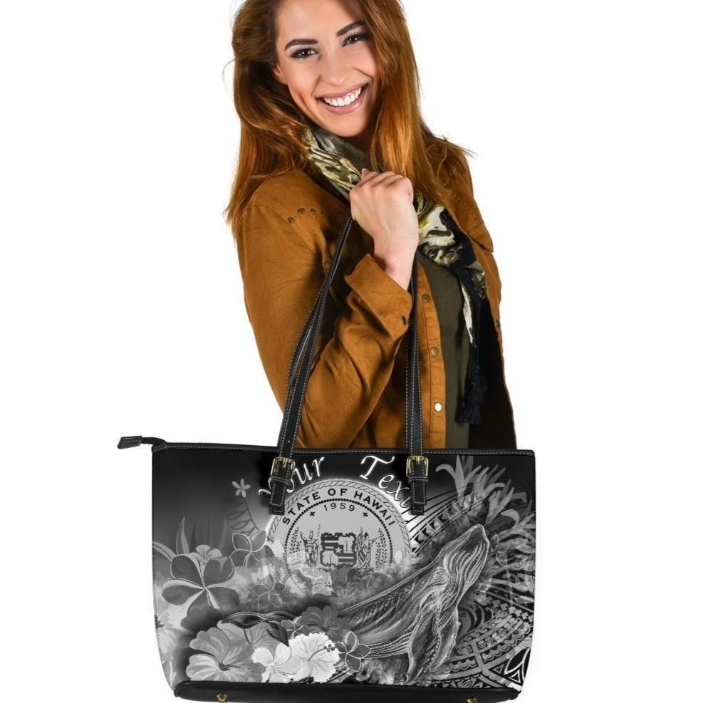 Polynesian Hawaii Custom Personalised Leather Tote Bag Humpback Whale With Tropical Flowers White