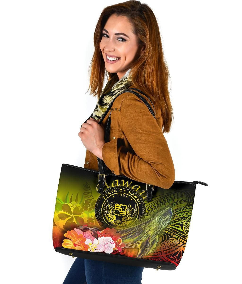 Polynesian Hawaii Leather Tote Bag Humpback Whale With Tropical Flowers Yellow