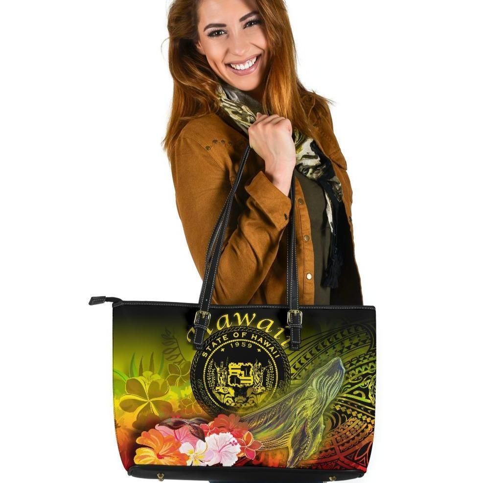 Polynesian Hawaii Leather Tote Bag Humpback Whale With Tropical Flowers Yellow