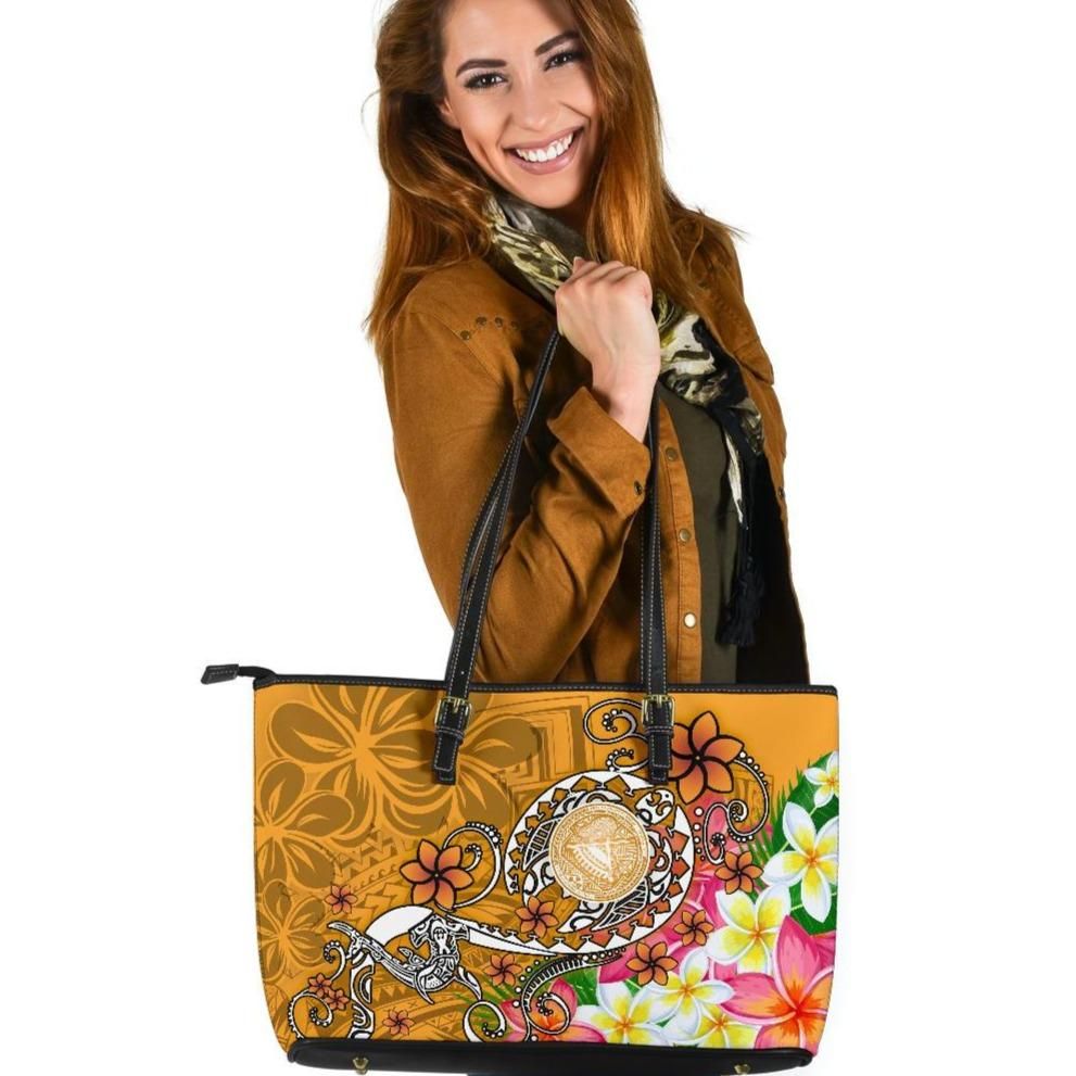 American Samoa Polynesian Leather Tote Bag Turtle Plumeria Gold